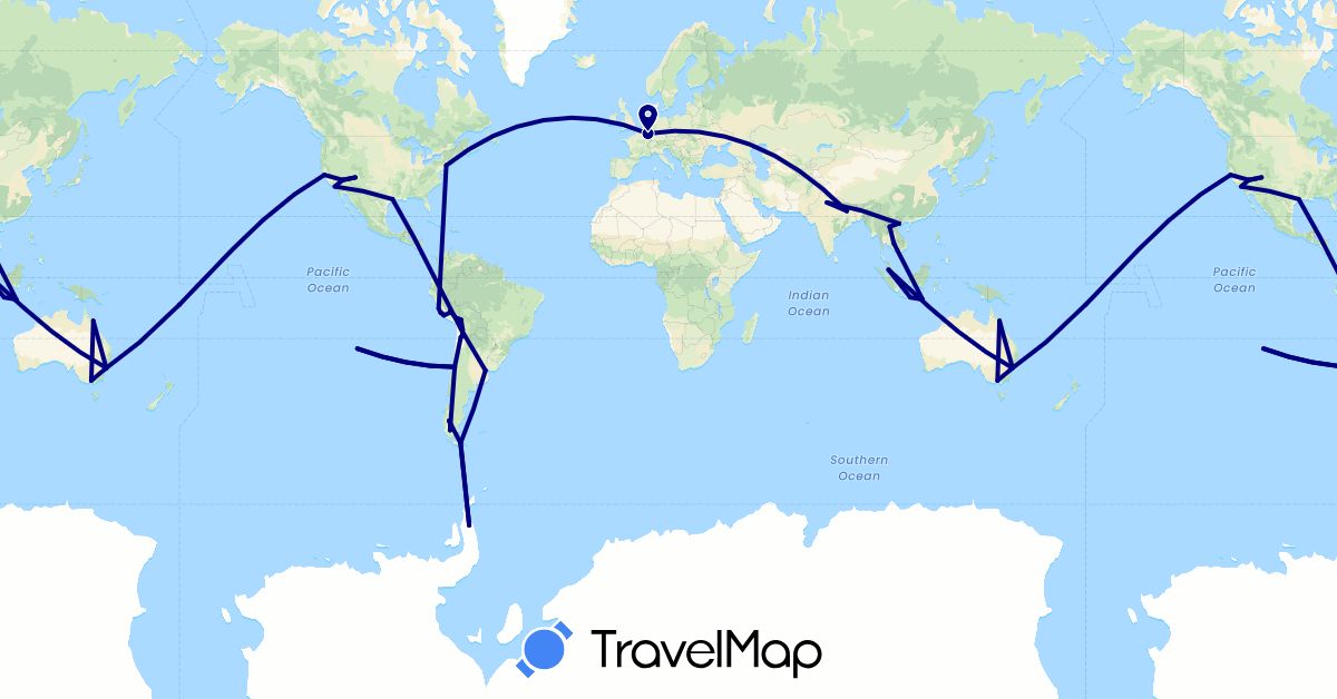 TravelMap itinerary: driving in Argentina, Australia, Bolivia, Chile, Indonesia, India, Cambodia, Laos, Luxembourg, Malaysia, Peru, United States, Vietnam (Asia, Europe, North America, Oceania, South America)